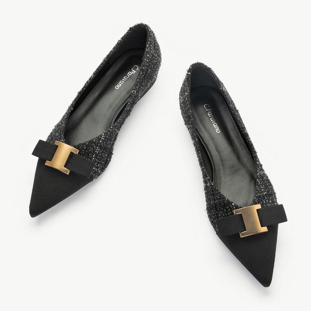 C. Paravano Aida Tweed Pointed Toe Flats Black Gold Metal Bow US 9 Workwear EUC